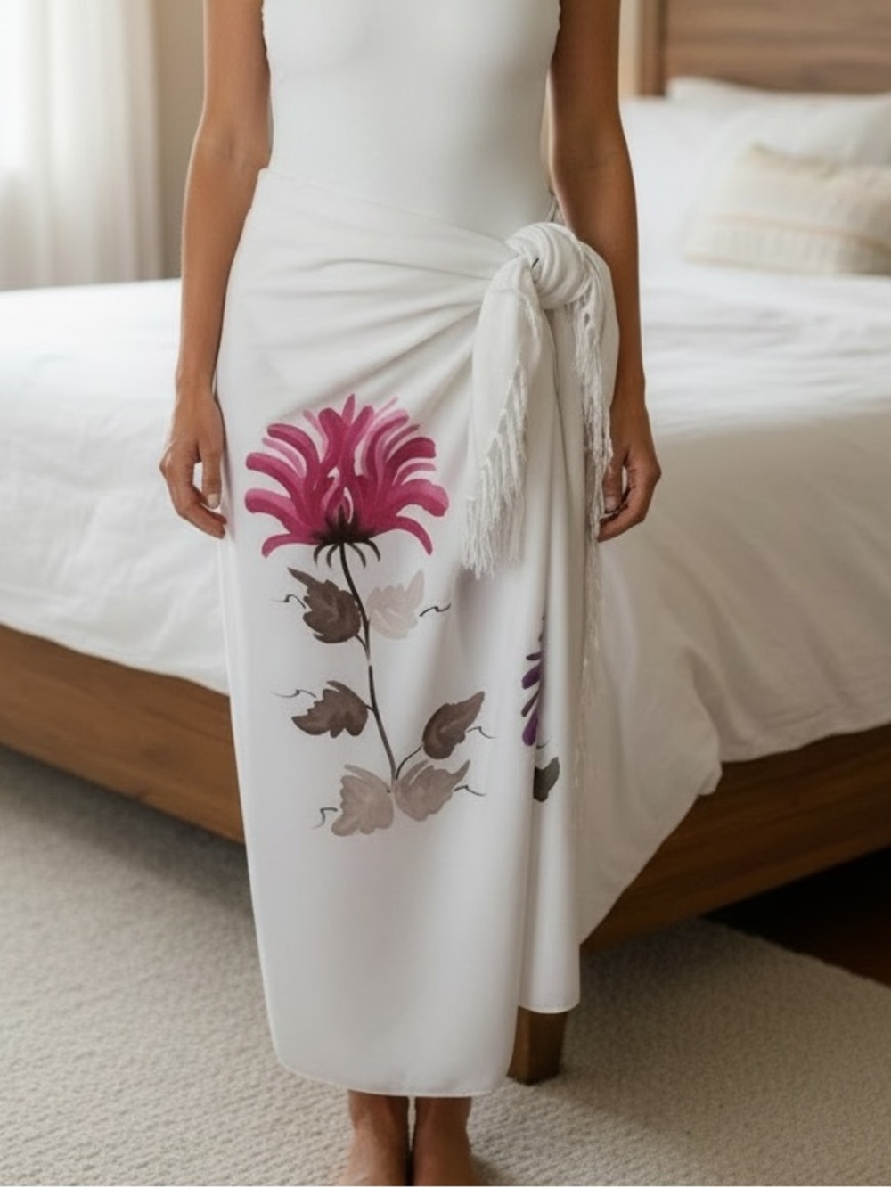 Serendipity Maui Natural Rayon Fringed Floral Sarong